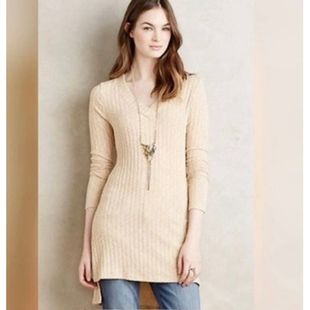 Deletta Anthropologie Womens Yellow Ribbed‎ V-Neck High Low Tunic Top M NWT BOHO